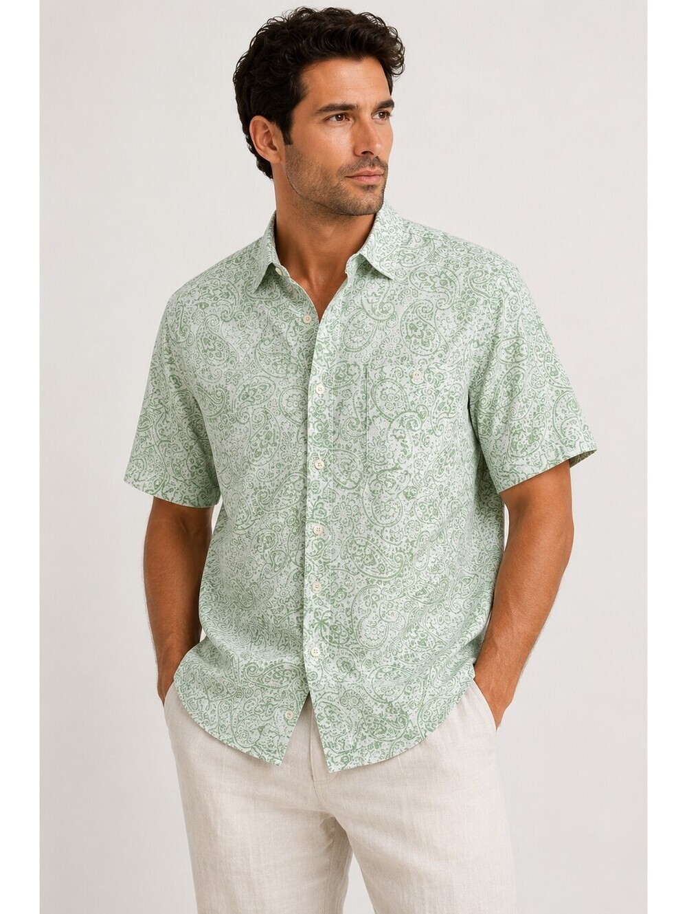 Weatherproof Vintage Linen Paisley Button Front Shirt Green White XL
